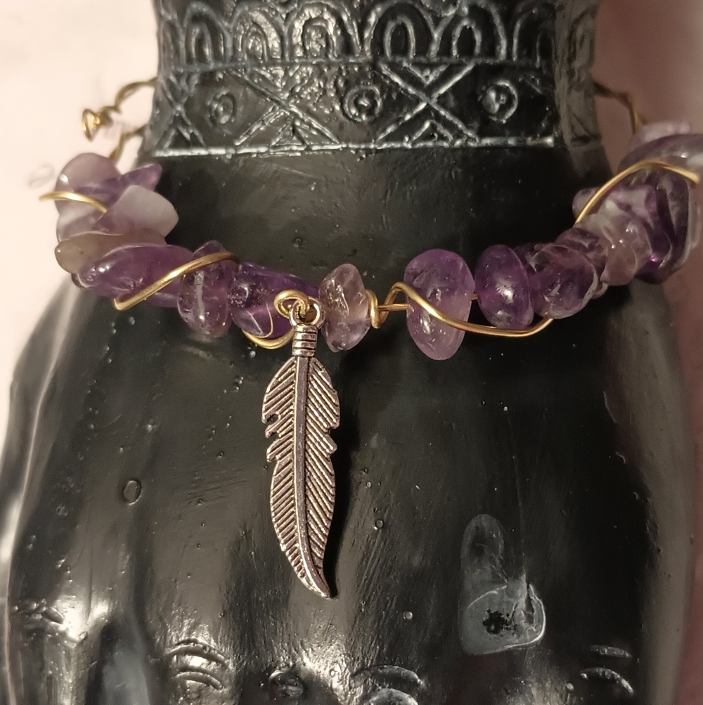 Amethyst Bracelet with a Feather Charm